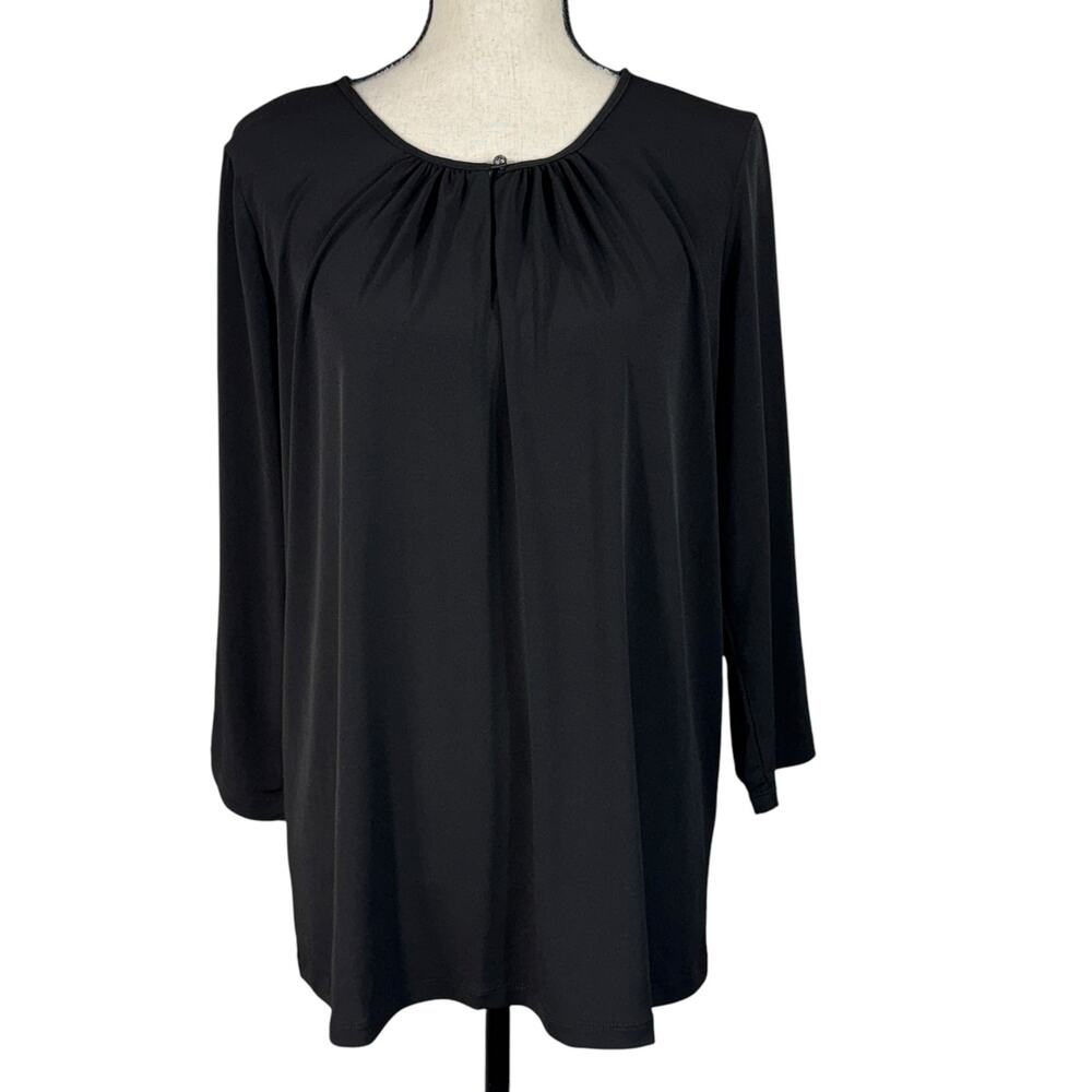 Susan Graver Large Top 3/4 Sleeves Keyhole Pleated Neckline Stretch Black